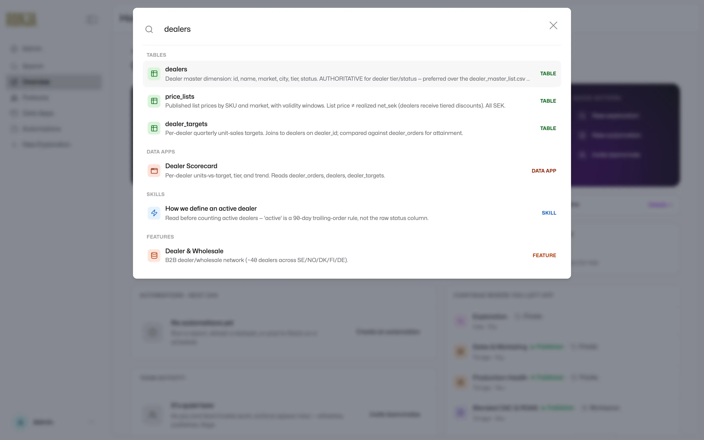 The global search overlay with a query and grouped results