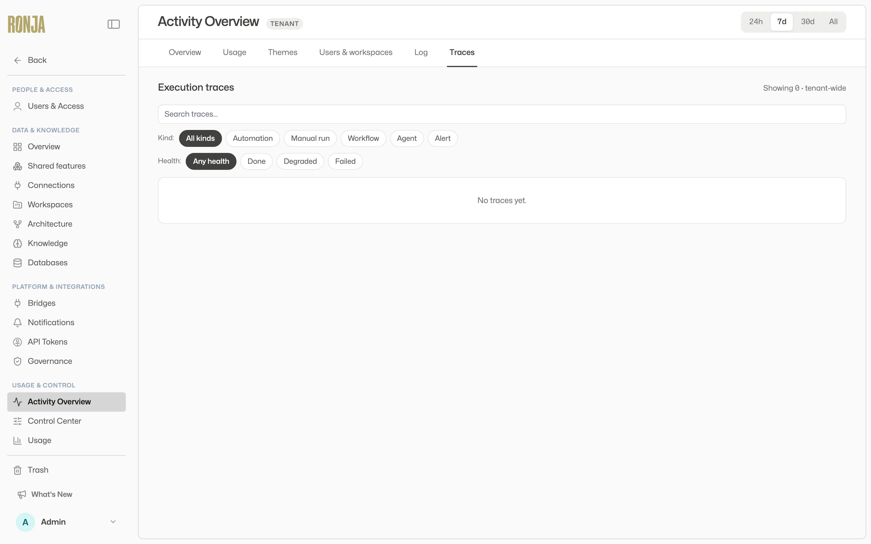 The Traces tab with a search box and Kind and Health filter chips above the execution-trace list