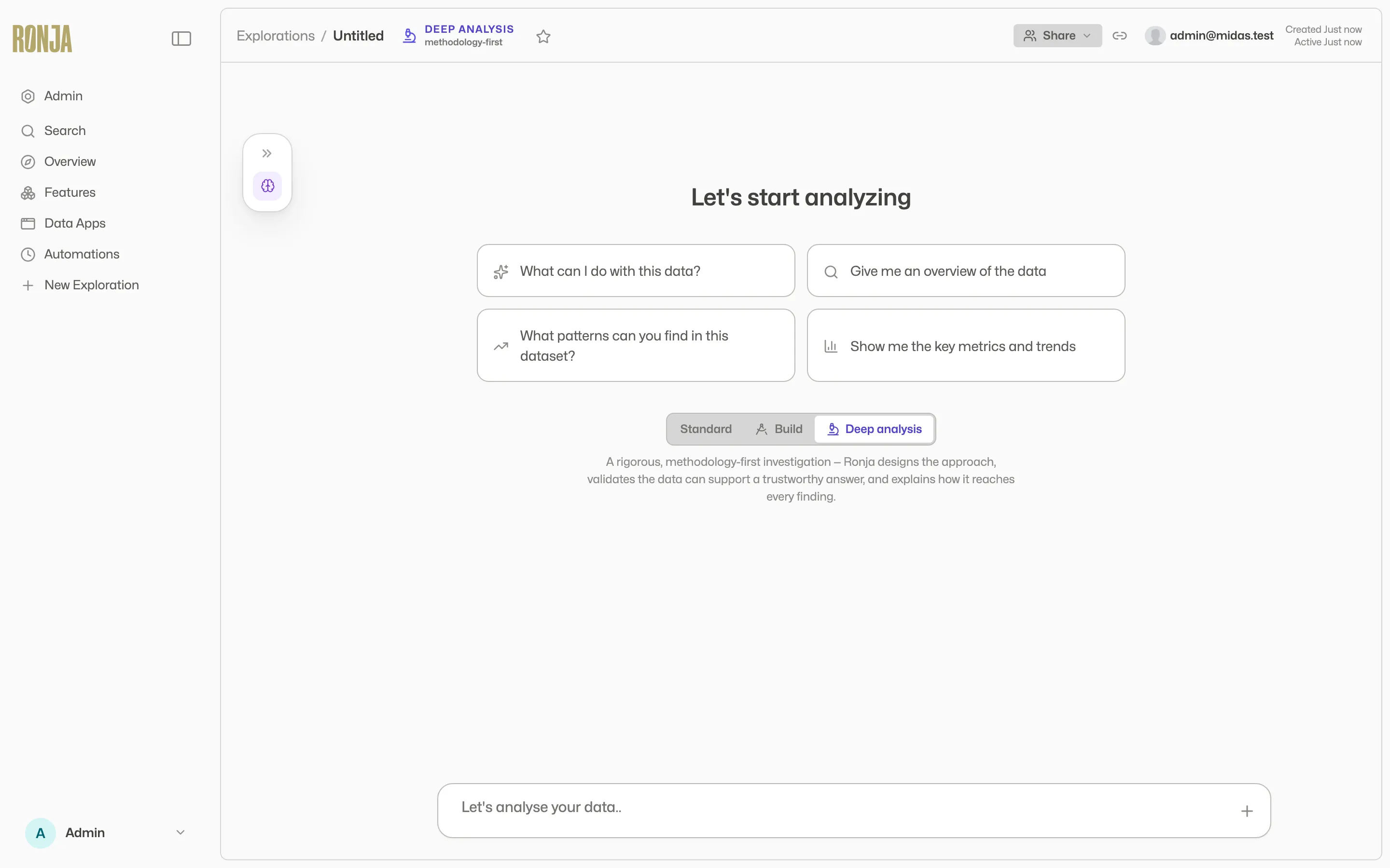 The exploration start screen with the Standard, Build, and Deep analysis mode segments and helper copy visible
