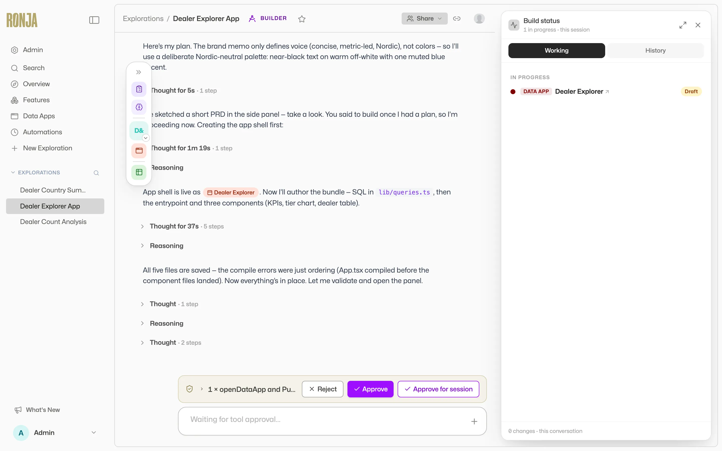 Exploration side panel showing the data app build-progress checklist while Ronja writes files