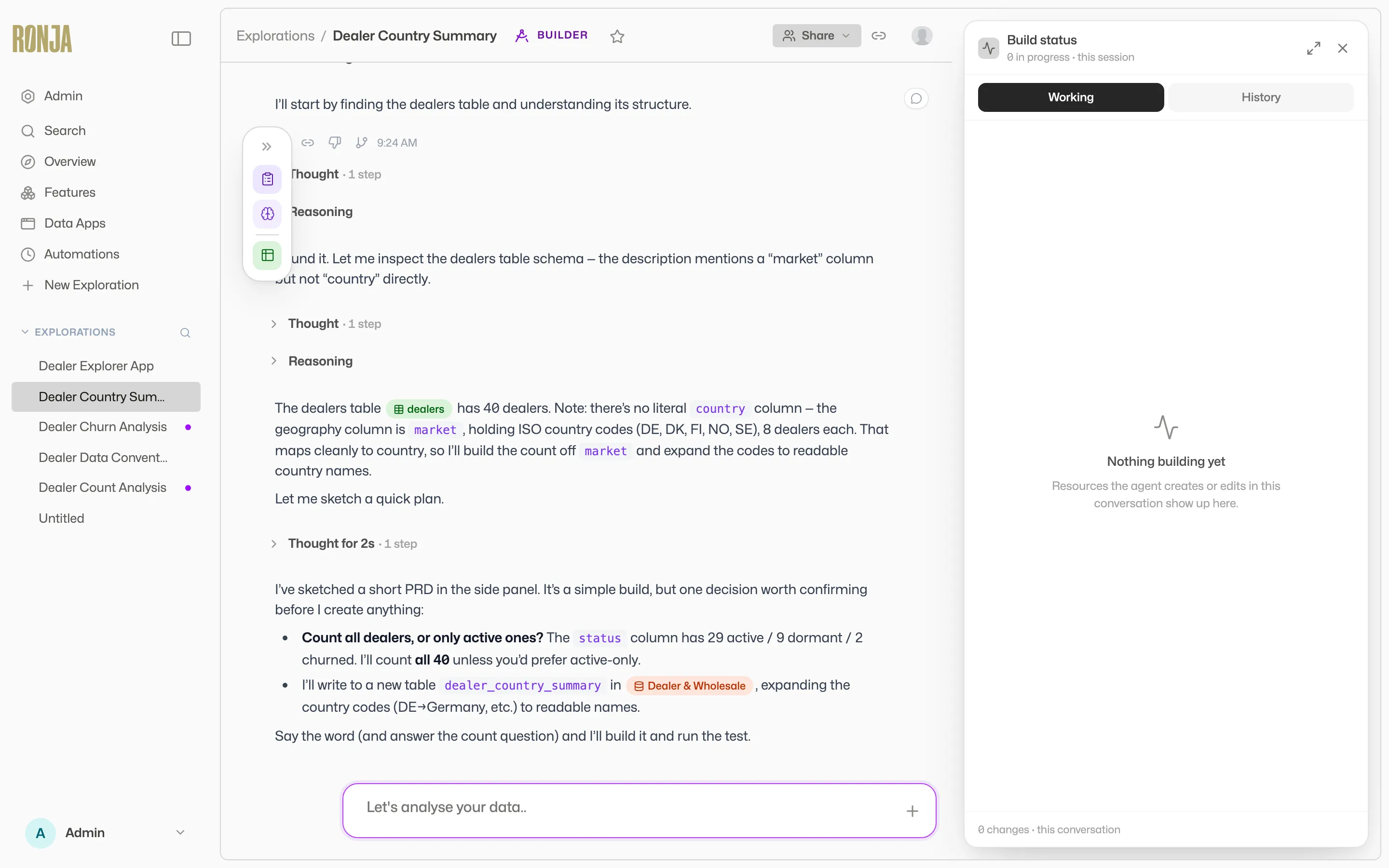 Ronja’s implementation plan panel in Build mode, open beside the chat