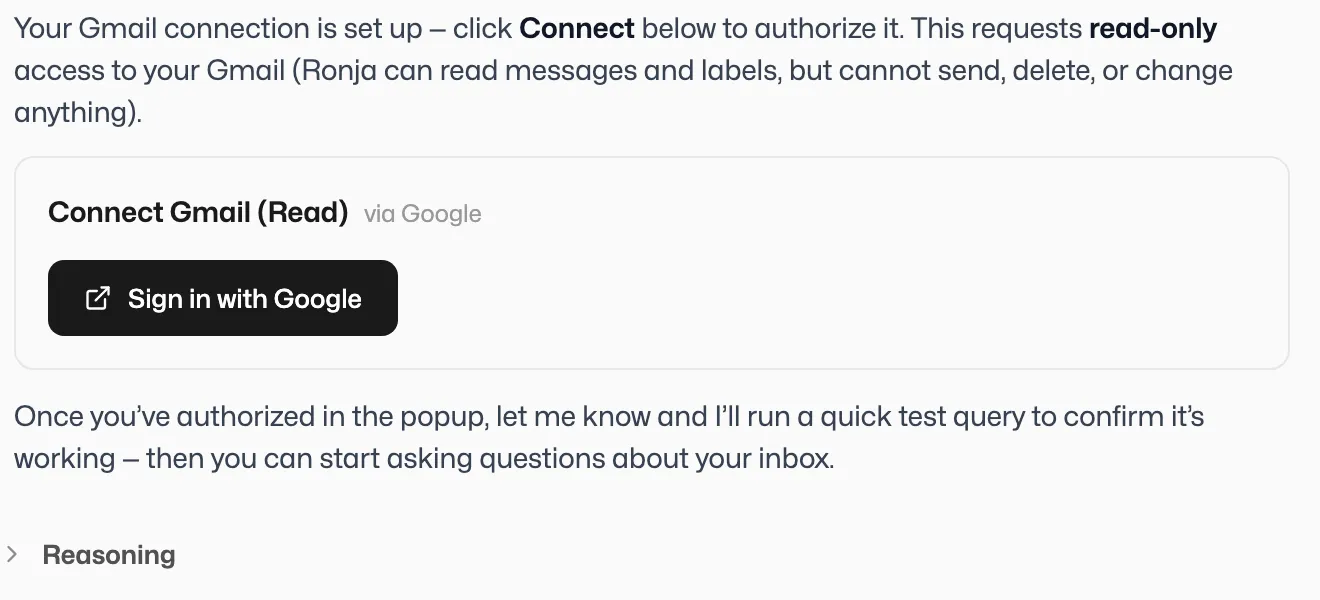 A chat connect card offering Sign in with Google for a Gmail connection