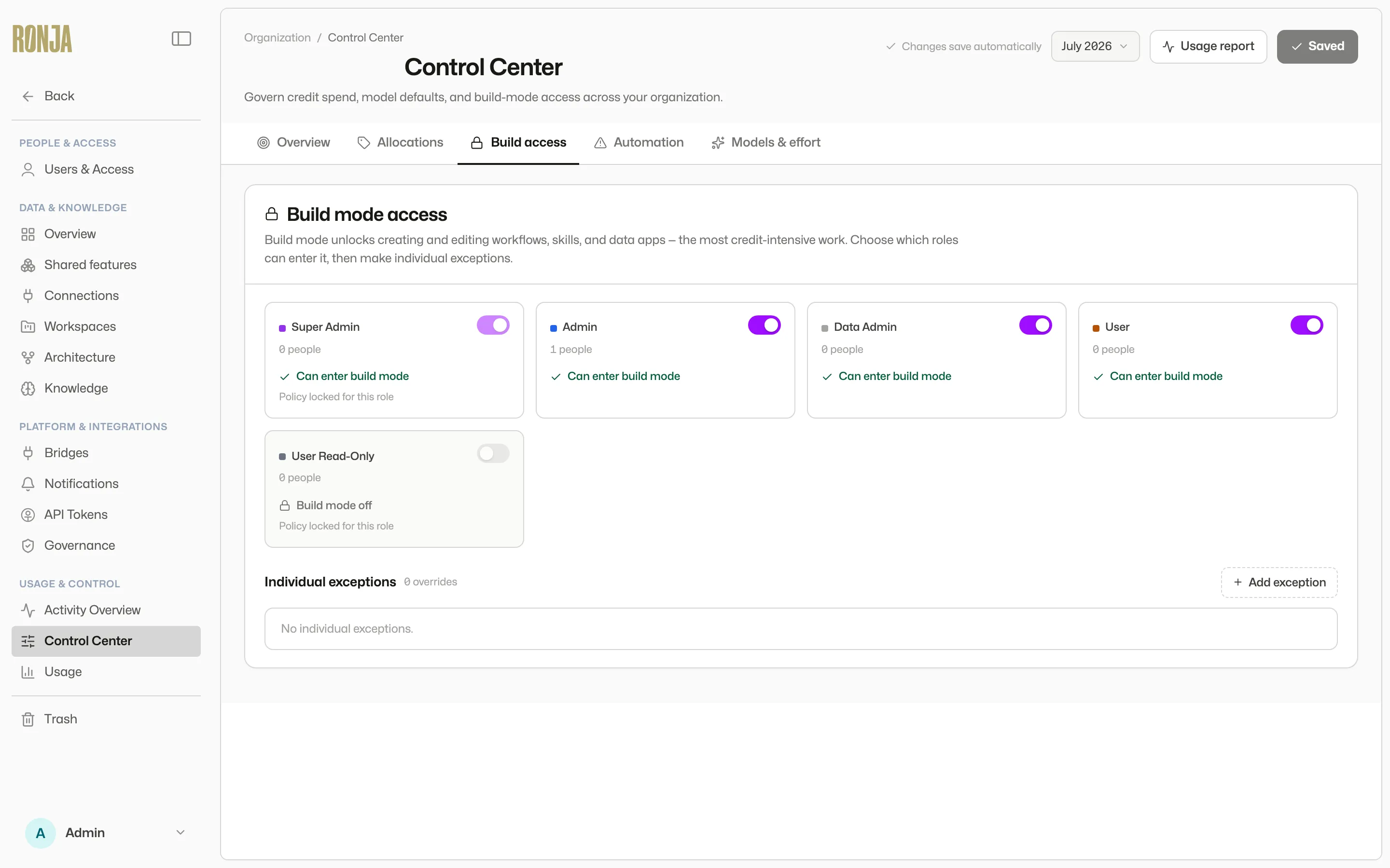 The Build access tab: per-role toggle cards and individual exceptions