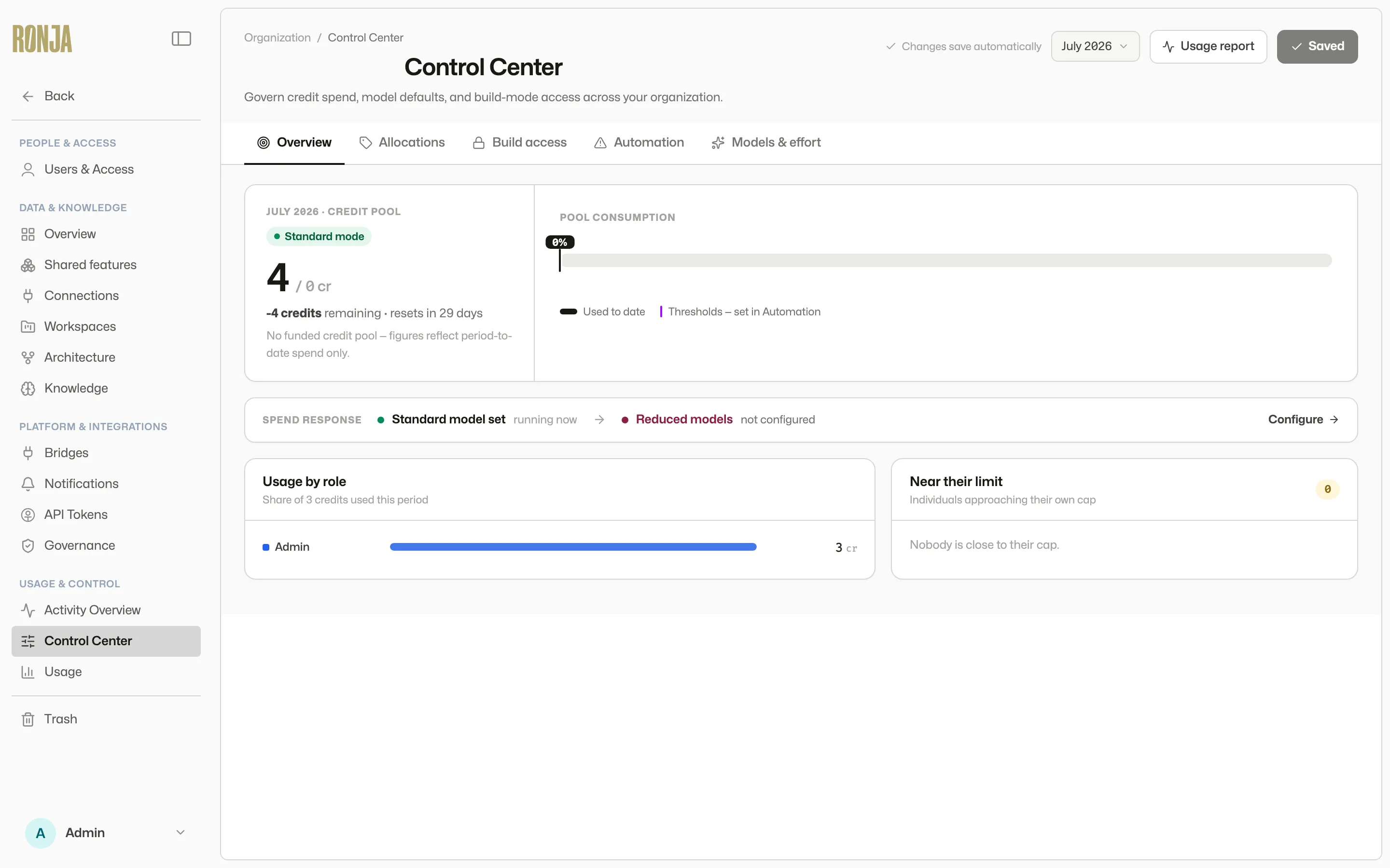 The Allocations tab: org default, per-role rows, and the individual exceptions table