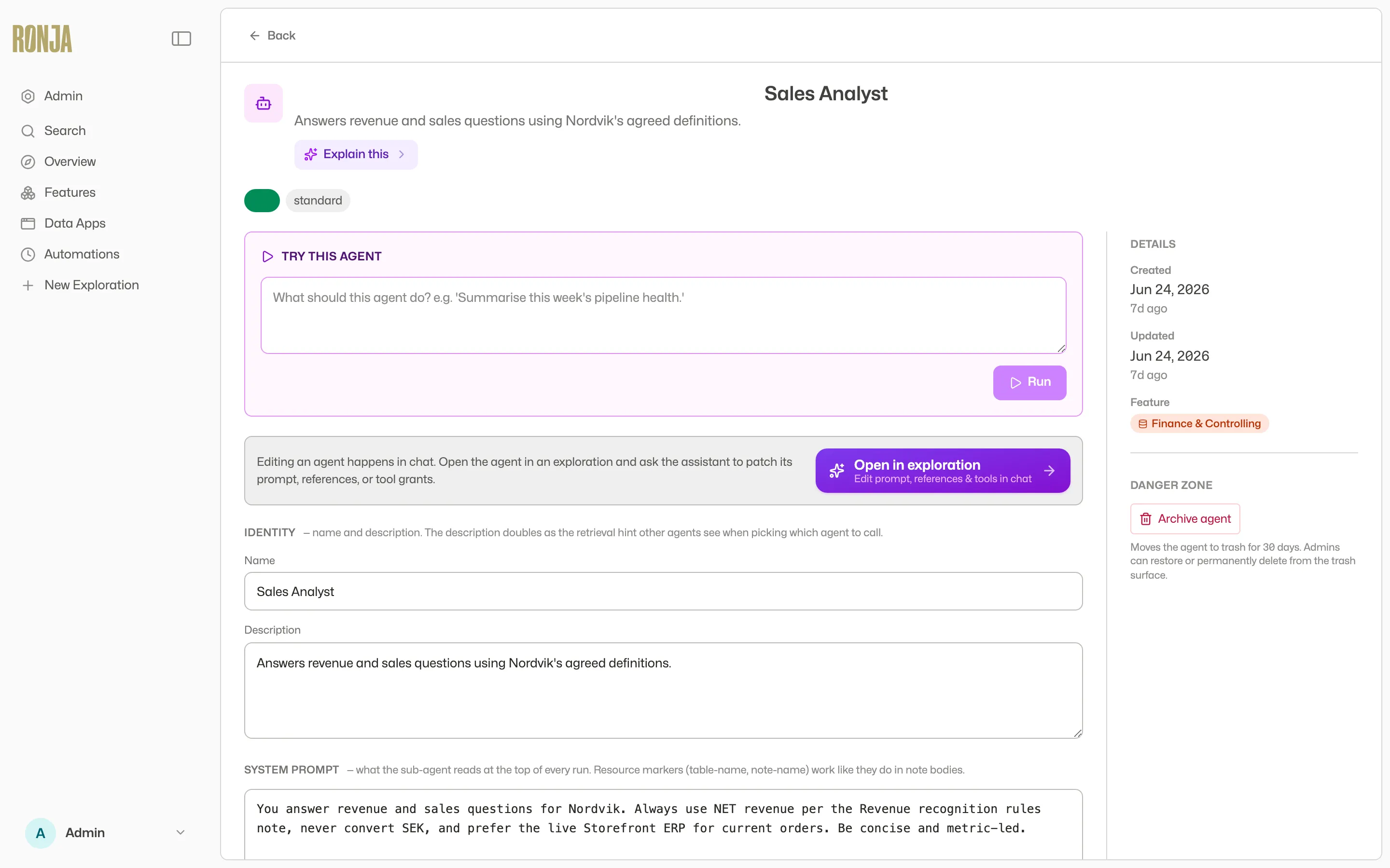 Saved Agent detail page with the Try this Agent panel and the Open in exploration button