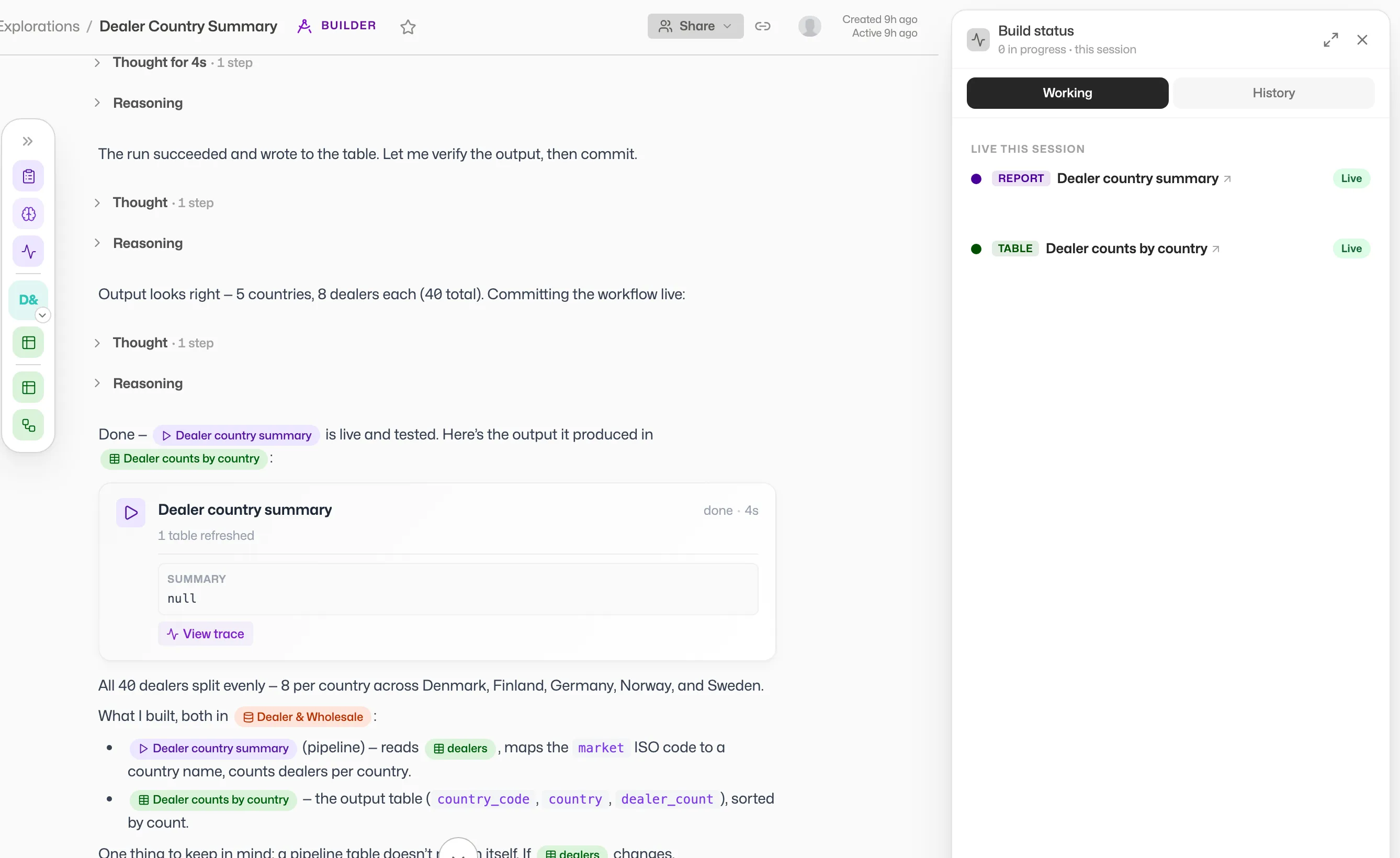 Build-mode chat with the Workflow created, File saved, and run result cards