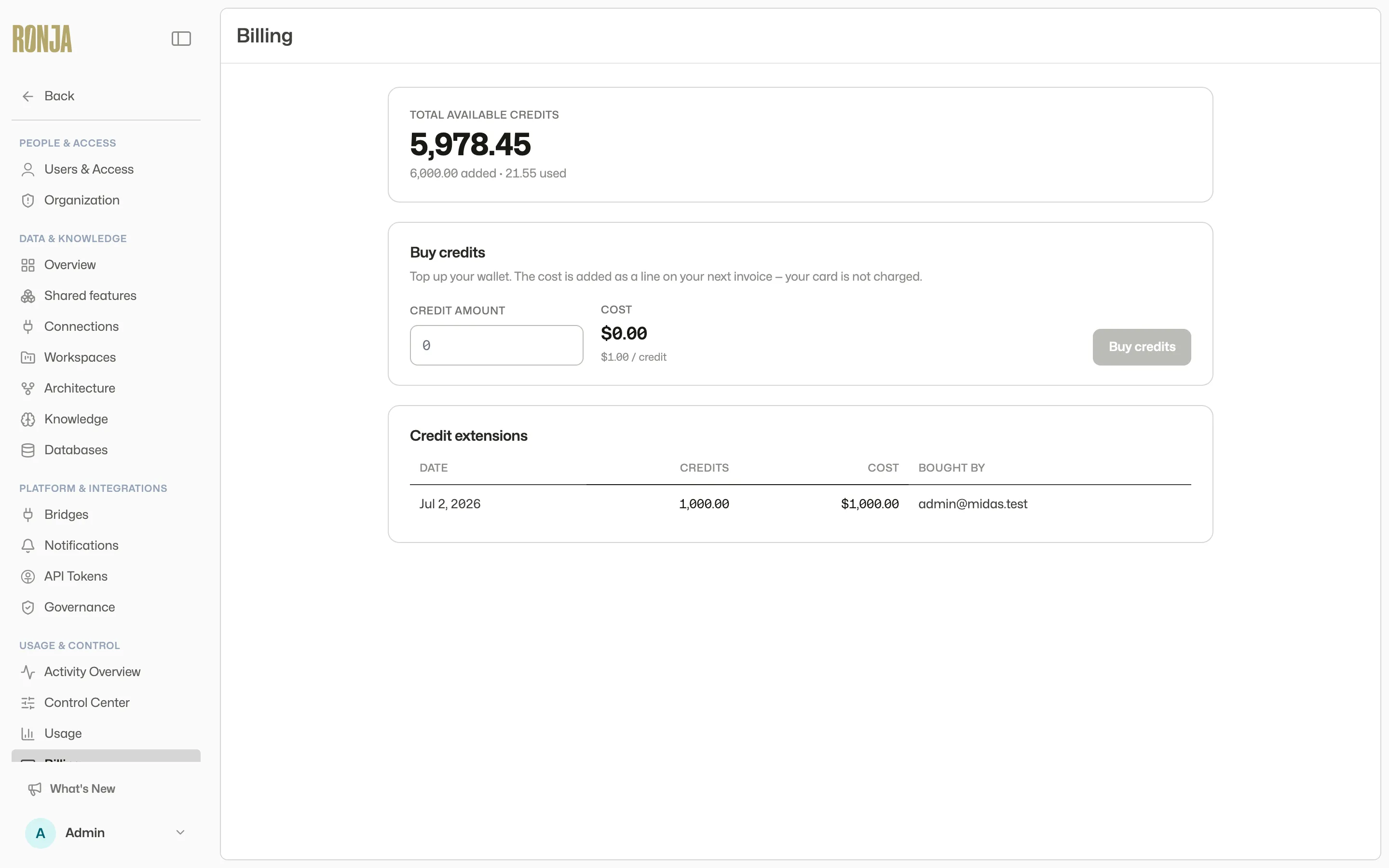 The Billing page with the Total available credits card and the Buy credits form