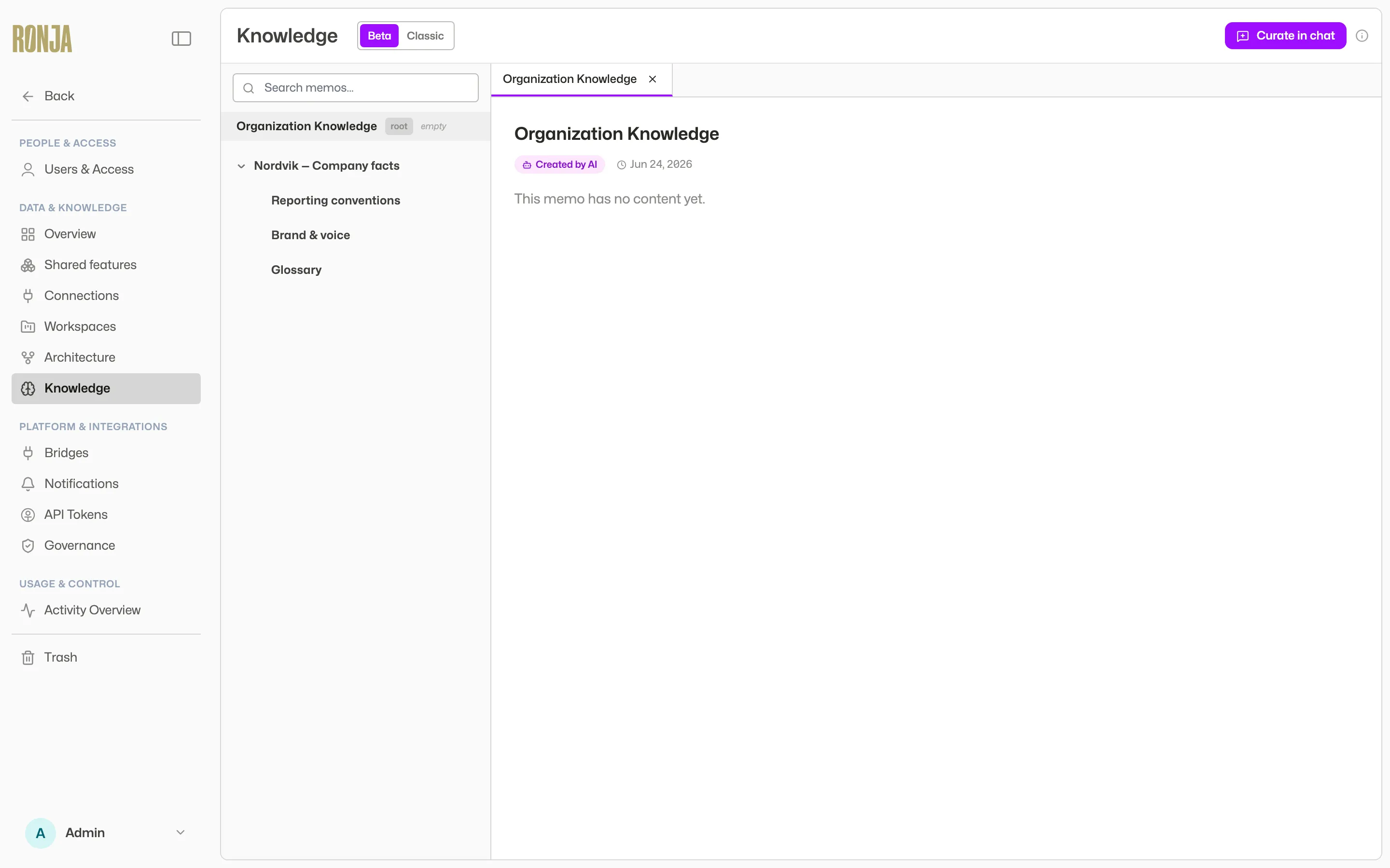 The Knowledge page with the tree on the left, an open entry, and the Curate in chat button in the header