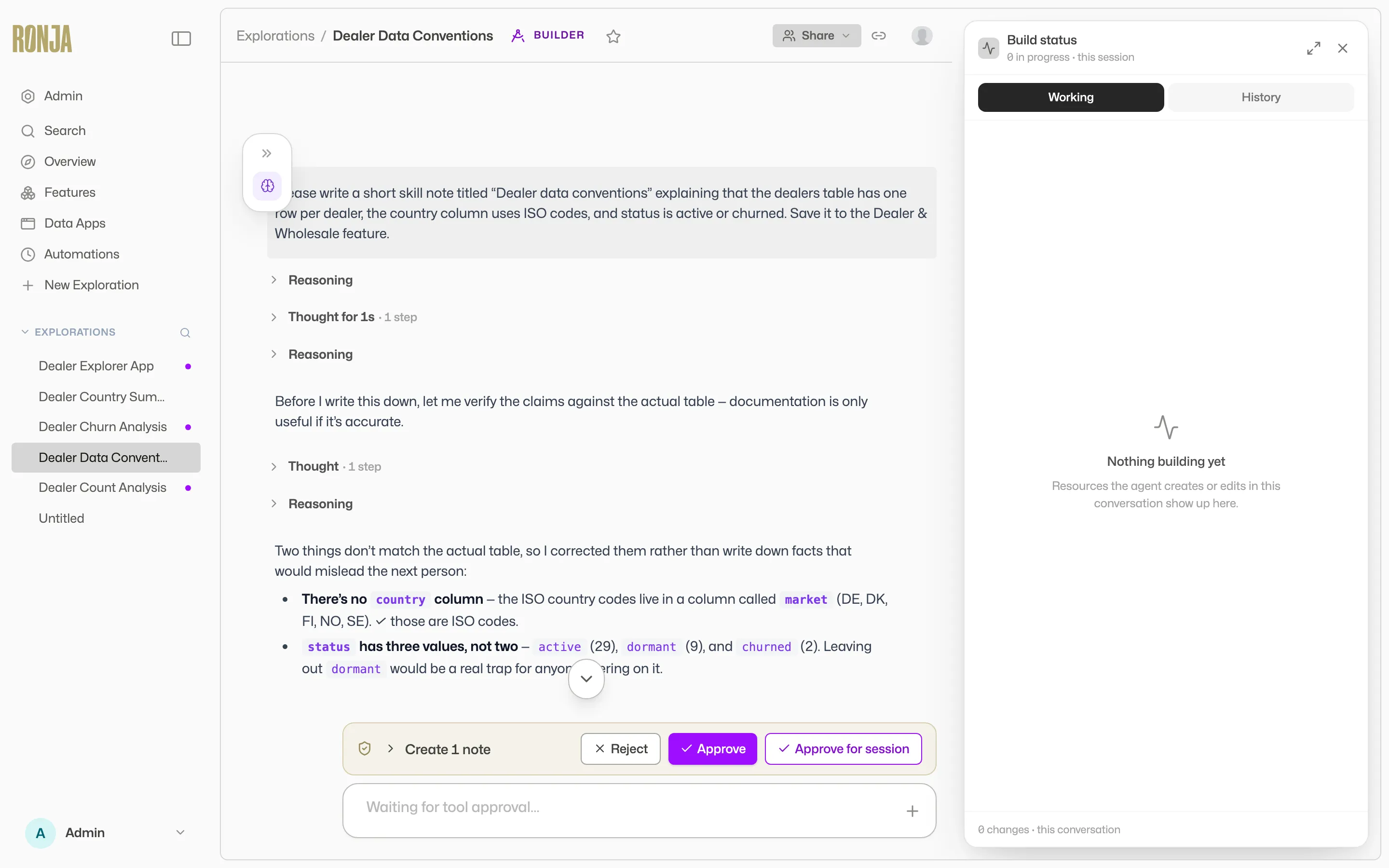 A gold tool-approval strip above the composer with Reject, Approve, and Approve for session buttons
