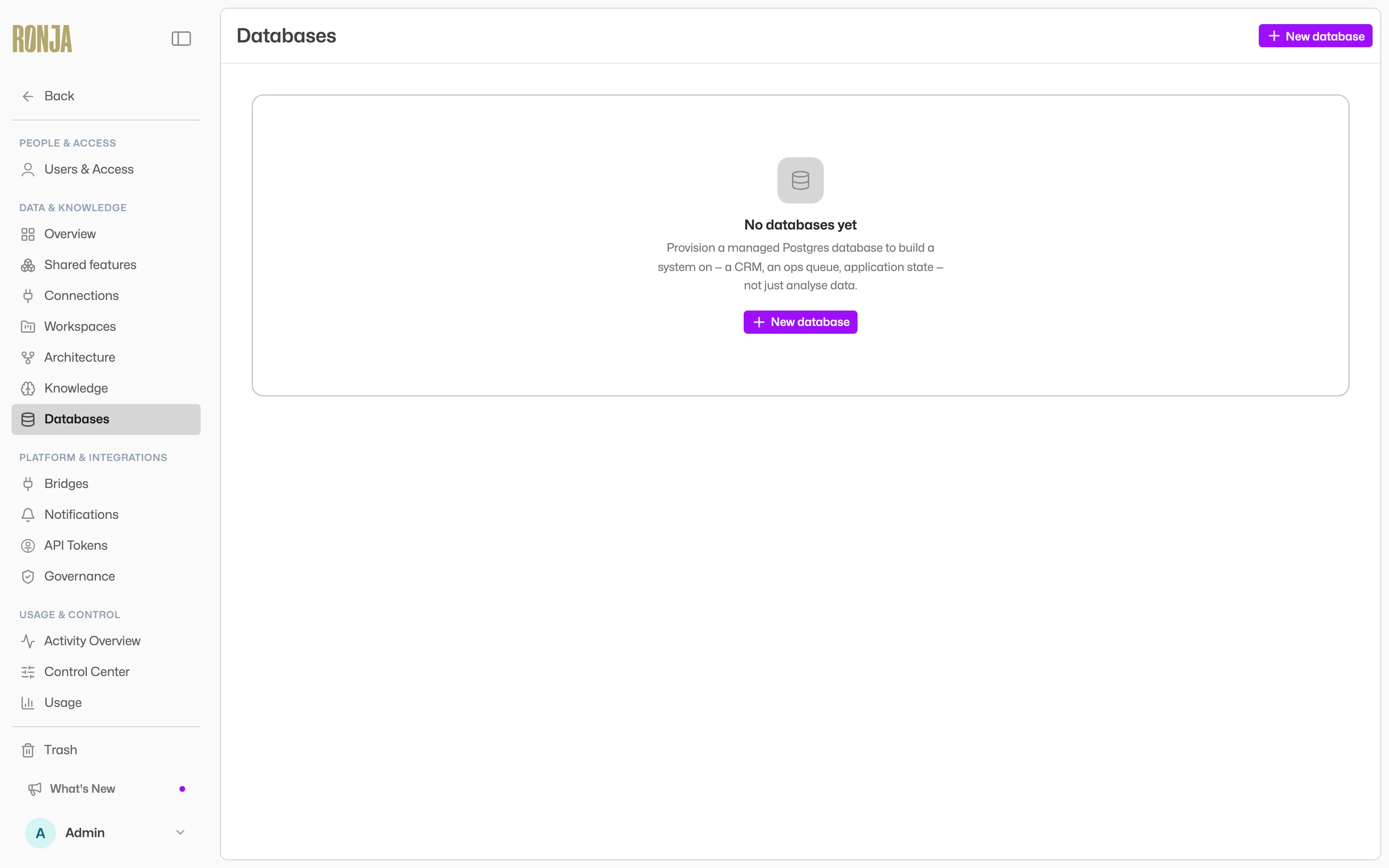 The Databases page before any database exists, explaining that a managed Postgres database is something to build a system on, with a New database button