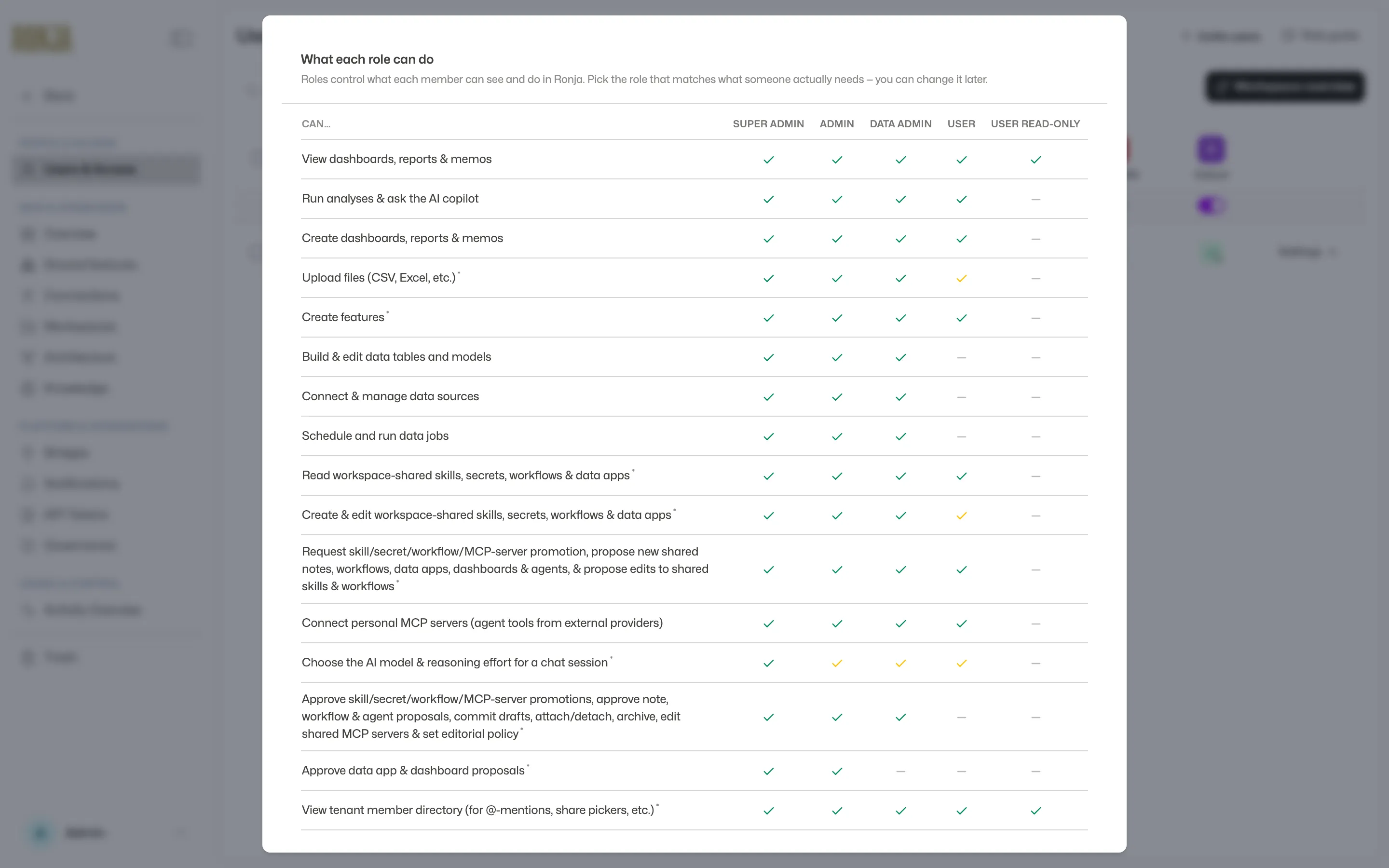 The Role guide modal showing what each of the five roles can do