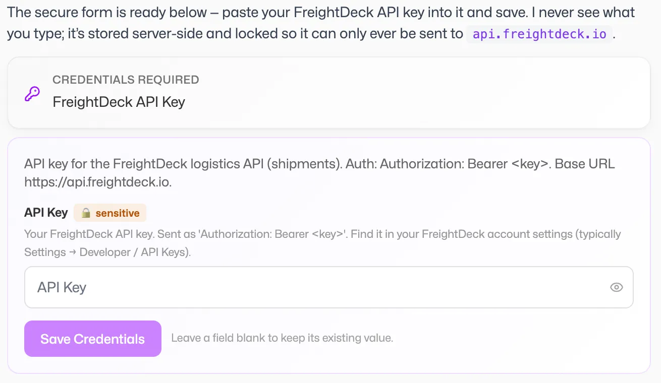 The secure credentials card in chat, with a sensitive field masked and a Save Credentials button