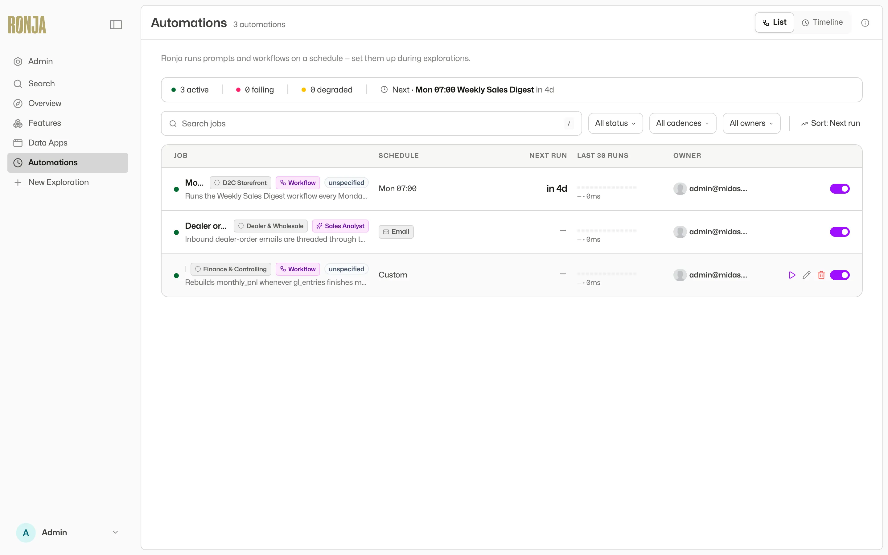 The Automations page listing automations with their schedules and next runs