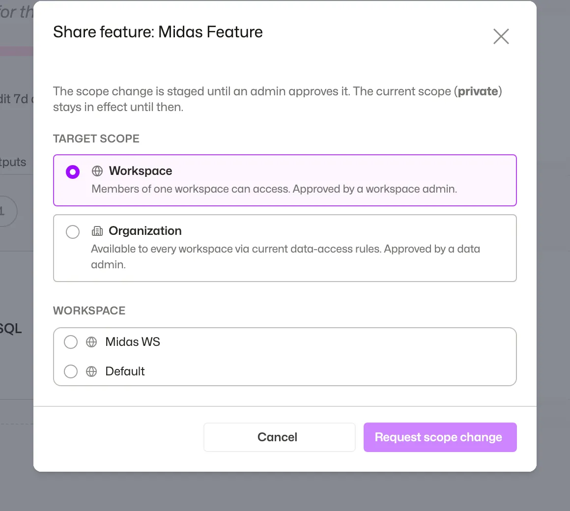 The Hand over modal showing the ownership transition and the three request steps