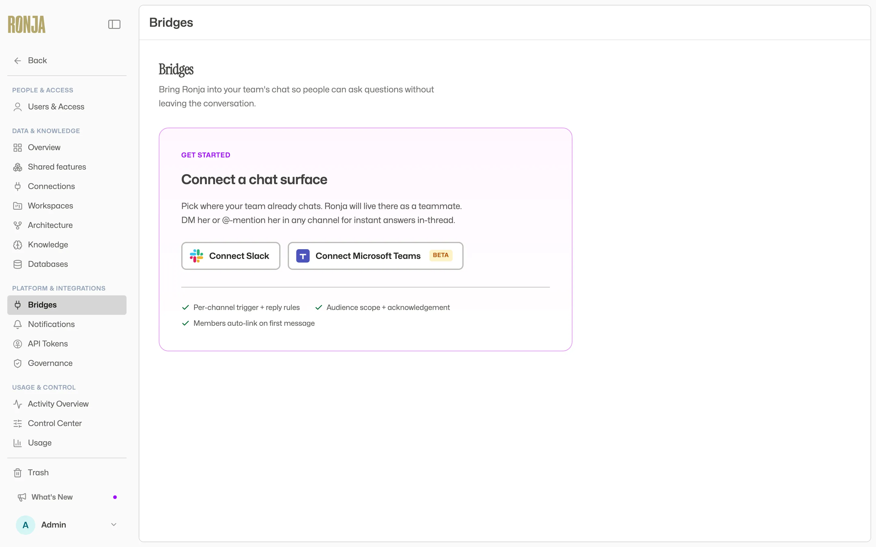 The Bridges page before any chat surface is connected, offering Connect Slack and Connect Microsoft Teams