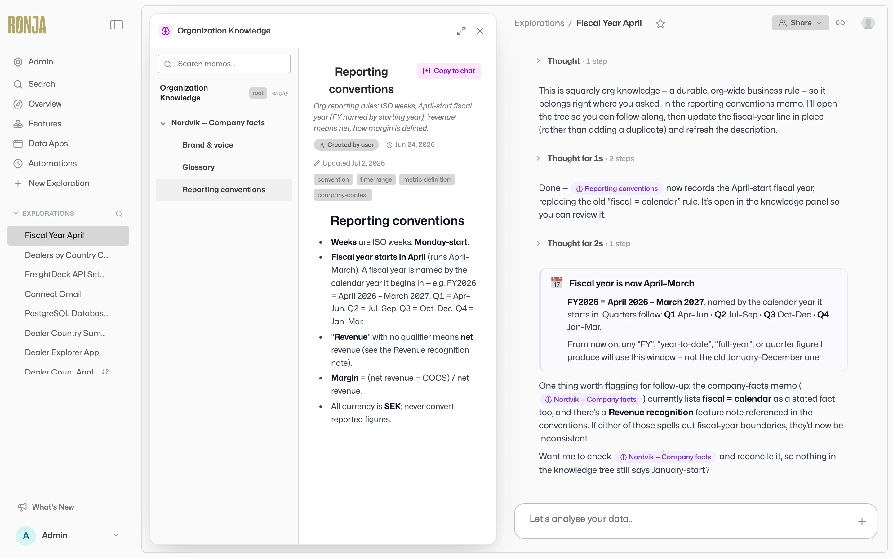 The Organization Knowledge panel open beside a chat while Ronja updates a knowledge entry