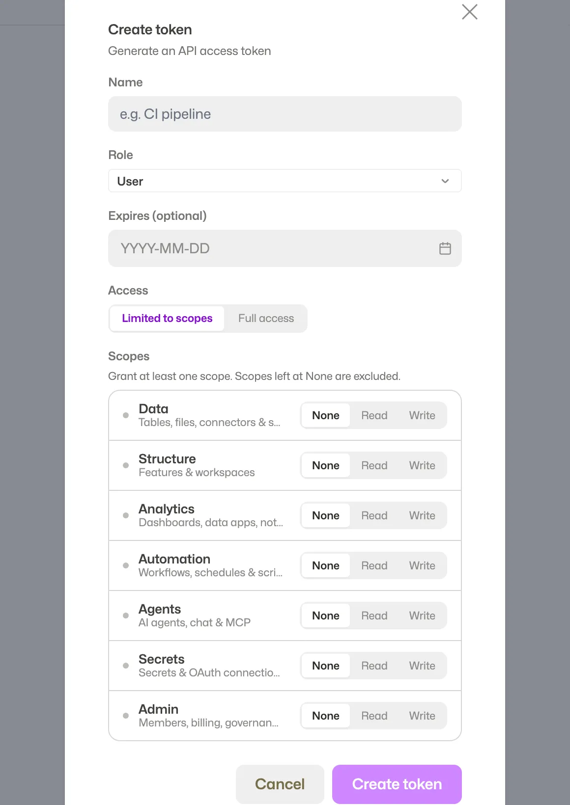 The Token created modal showing the one-time secret with a Copy button
