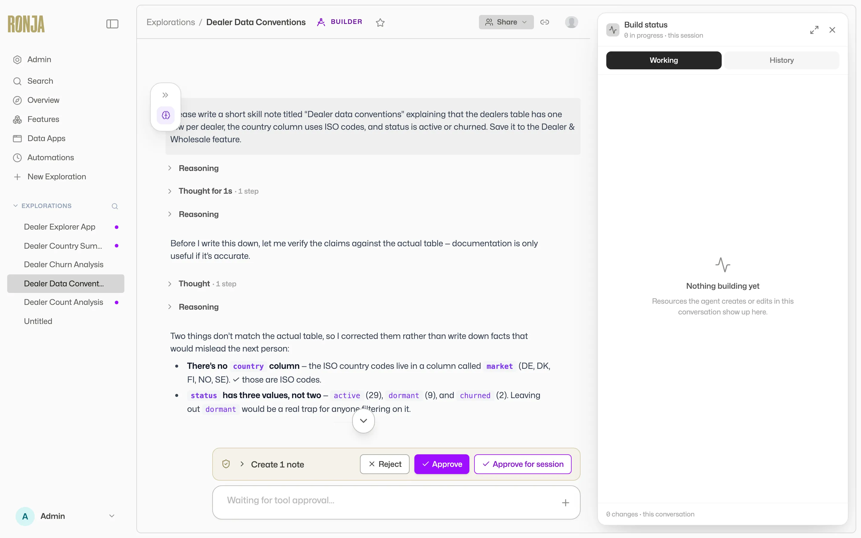 The note side panel beside the chat, showing the violet NOTE badge and a freshly written note