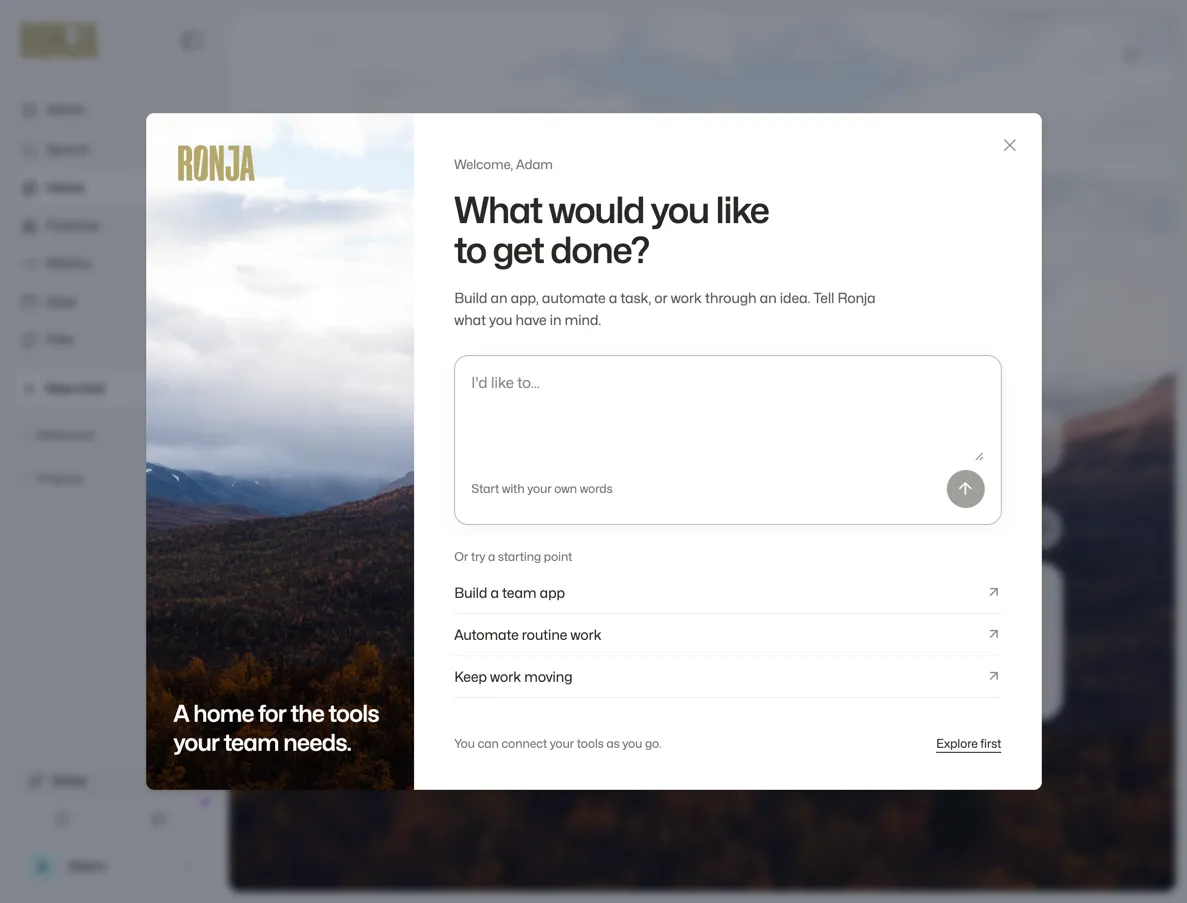 The welcome screen with a task composer and three editable starting ideas