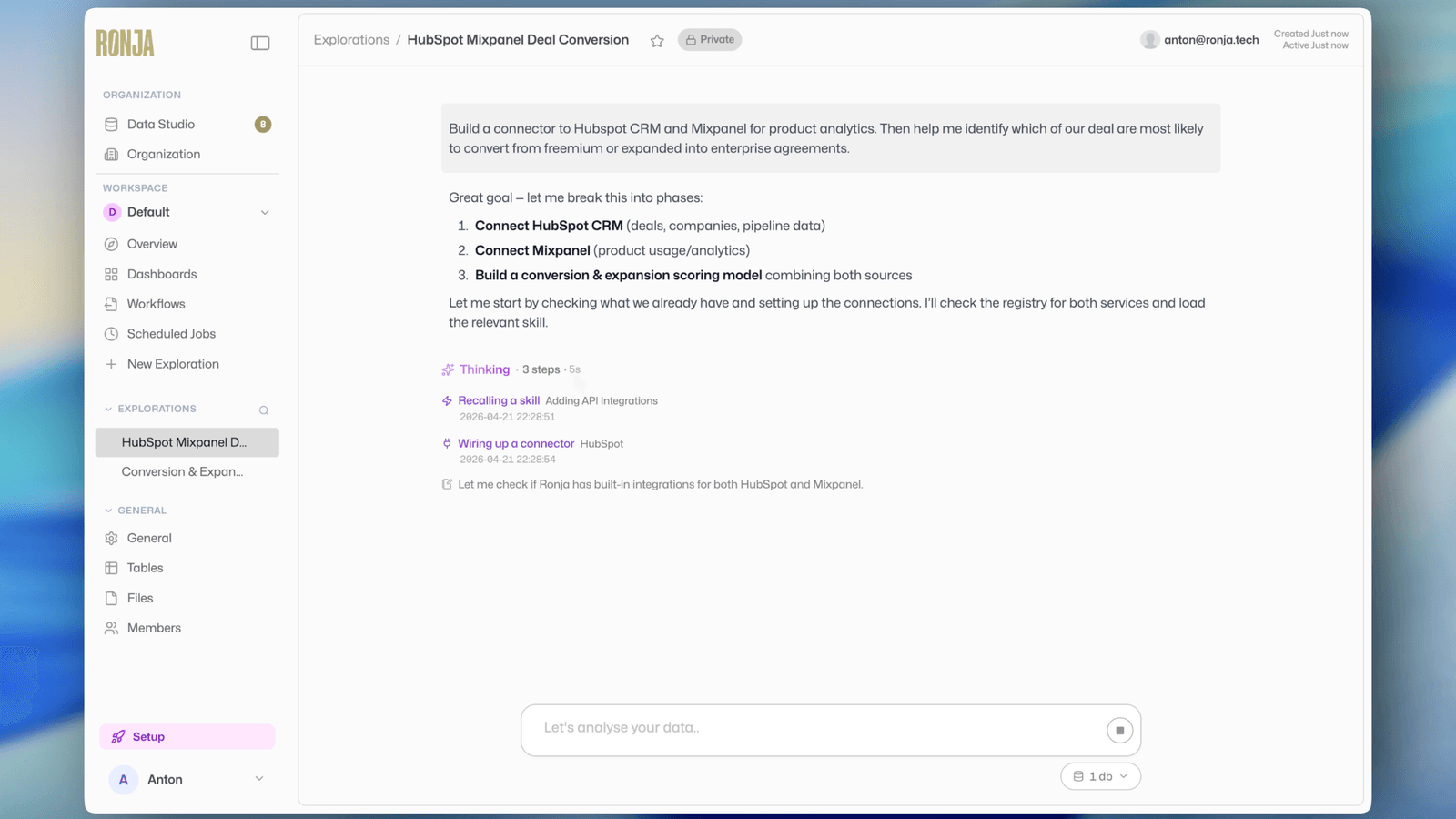 Ronja building a HubSpot and Mixpanel exploration to score deal conversion