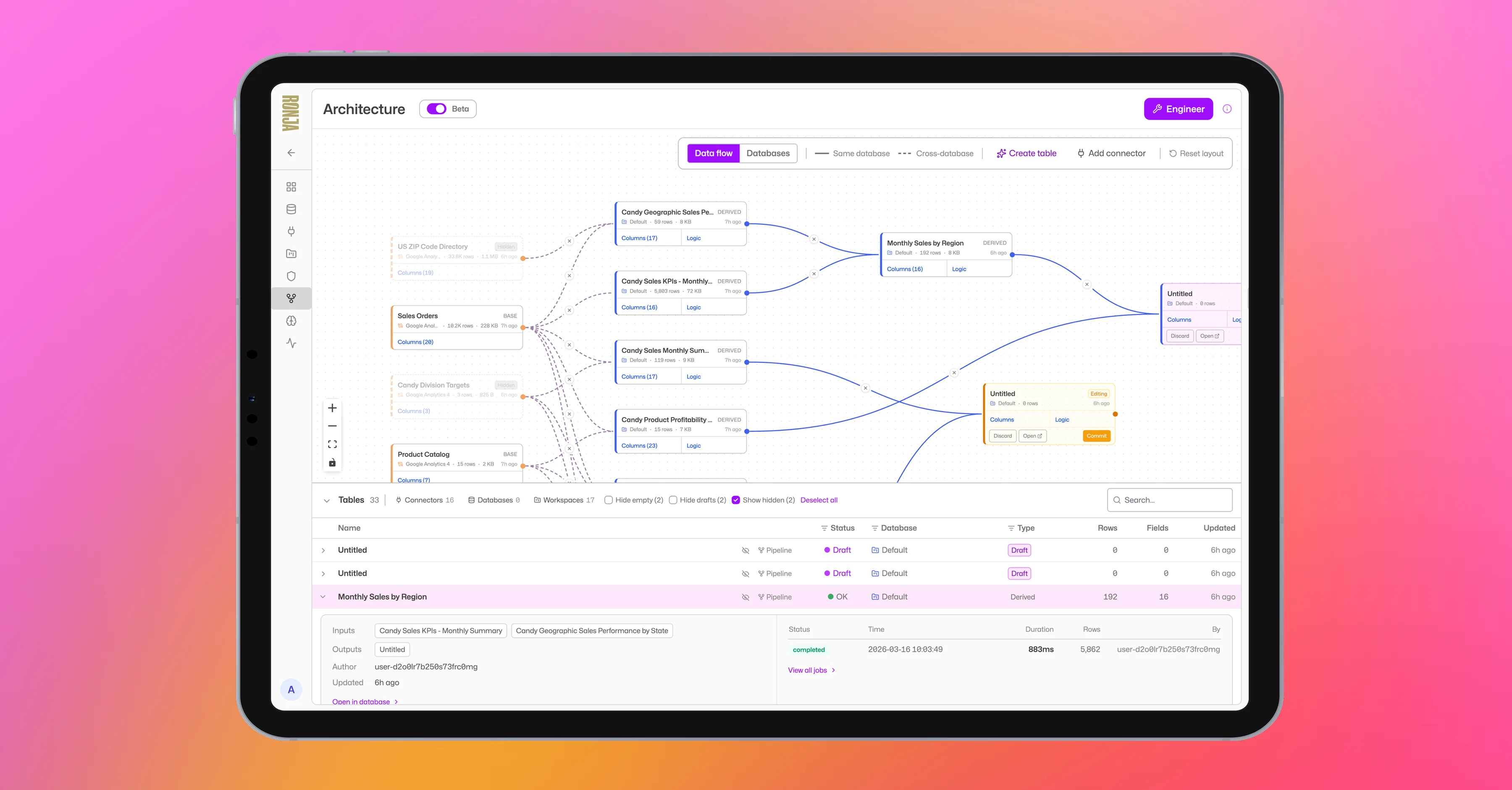 Architecture view showing data pipeline graph with table dependencies