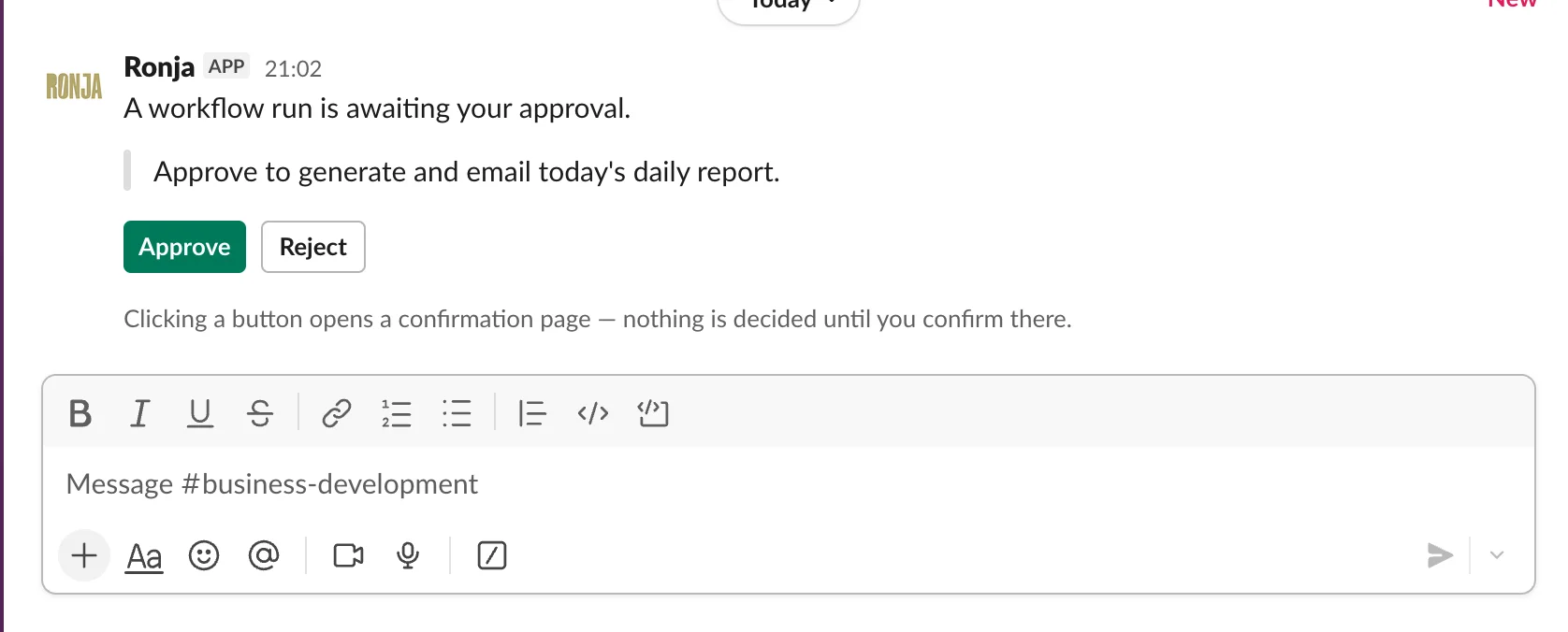 Slack approval card from Ronja: a workflow run awaiting approval to generate and email the daily report, with Approve and Reject buttons