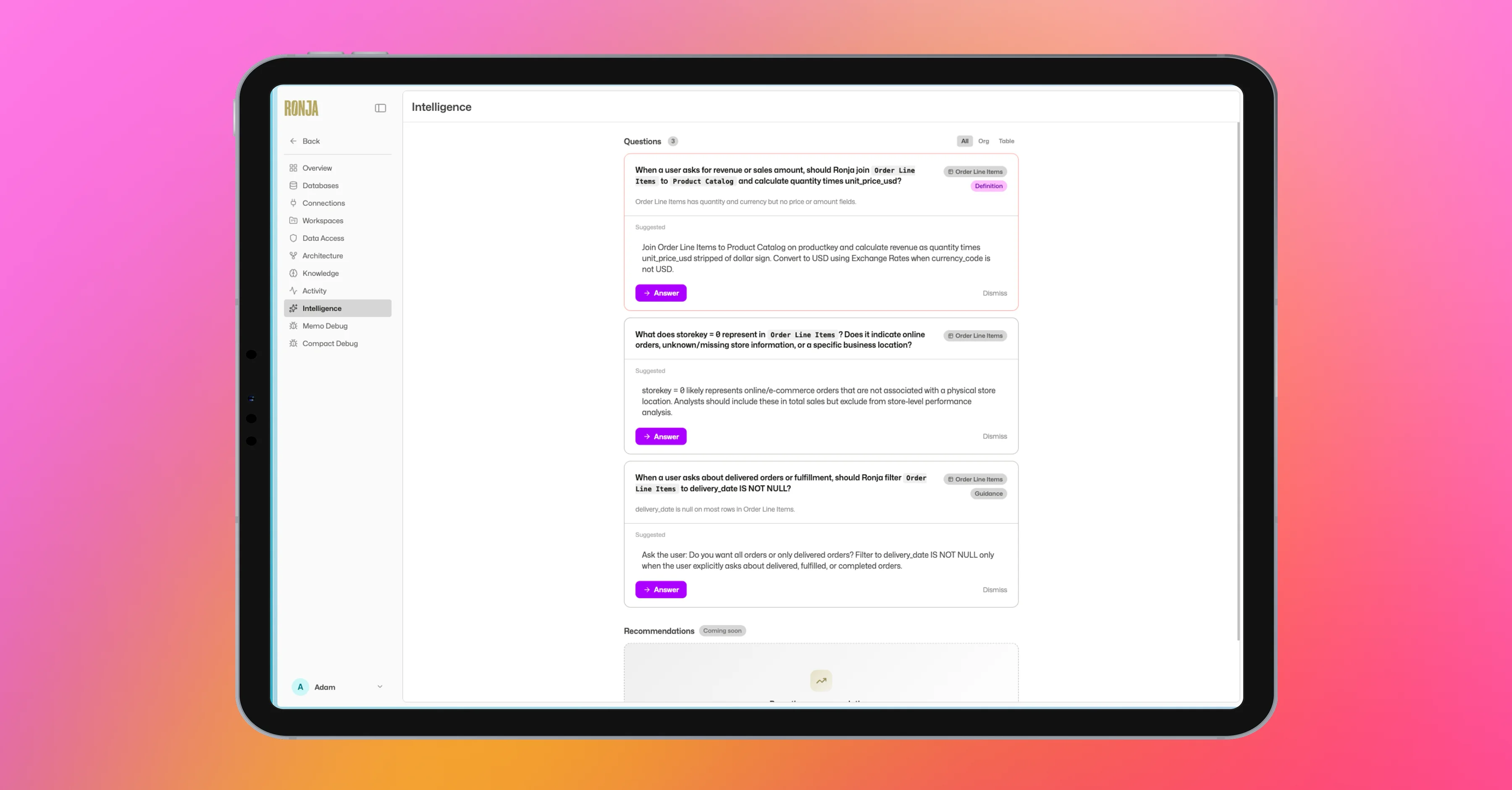 Intelligence page showing AI-generated questions and recommendations